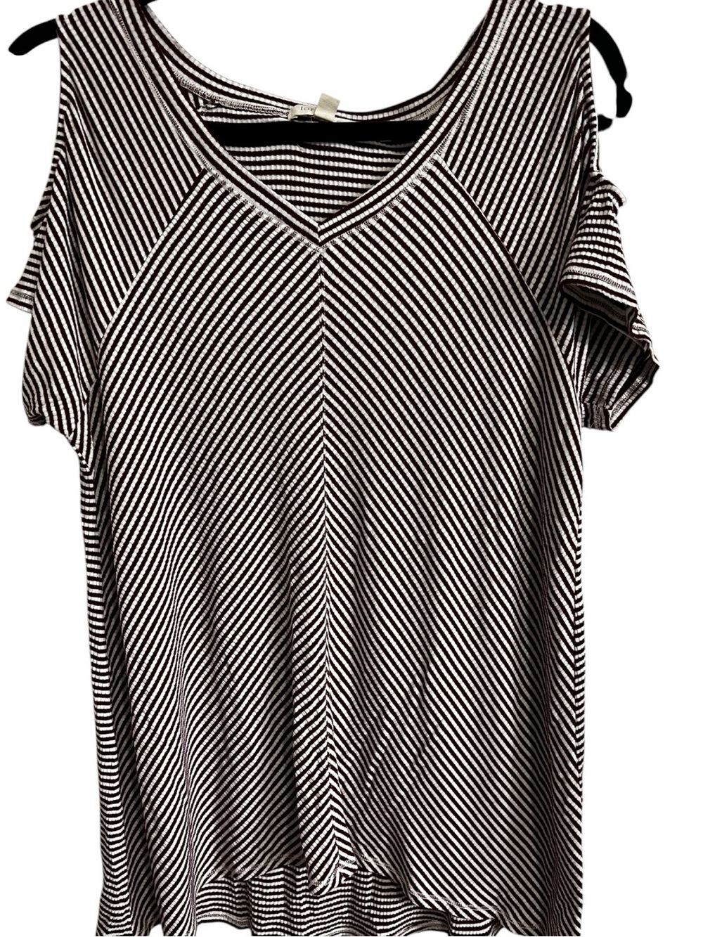 loralette Burgundy and White Striped Cold-Shoulder V-Neck Top like New 2XL